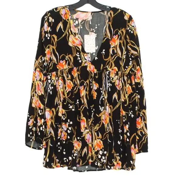 NWT Free People Tunic Top Bella Babydoll Floral Boho Whimsigoth Cottage Black XS - Picture 2 of 11